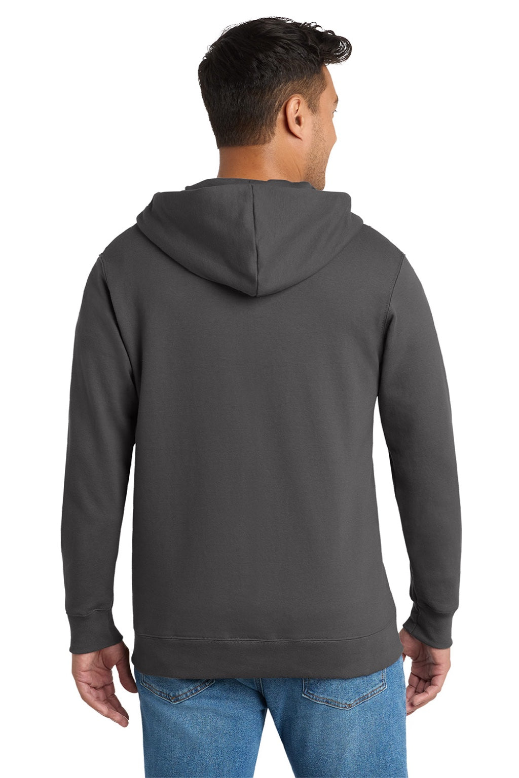 Port & Company PC850ZH Mens Fan Favorite Fleece Full Zip Hooded Sweatshirt Hoodie w/ Pockets Charcoal Grey Model Back