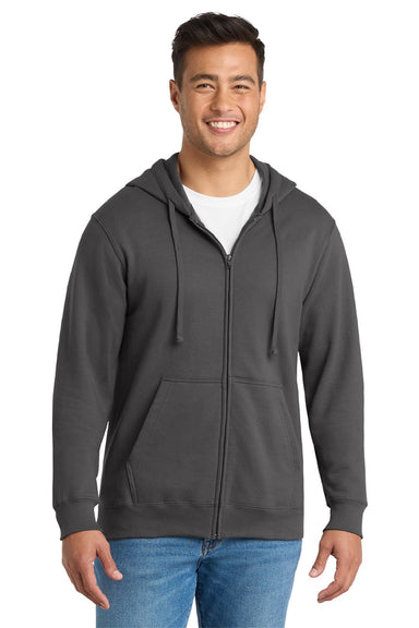 Port & Company PC850ZH Mens Fan Favorite Fleece Full Zip Hooded Sweatshirt Hoodie w/ Pockets Charcoal Grey Model Front