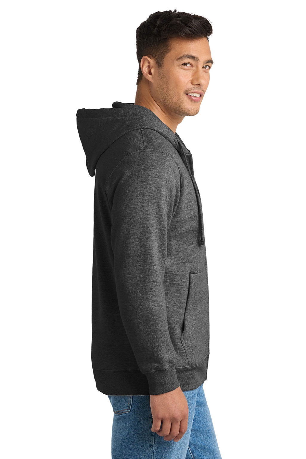 Port & Company PC850ZH Mens Fan Favorite Fleece Full Zip Hooded Sweatshirt Hoodie w/ Pockets Heather Dark Grey Model Side