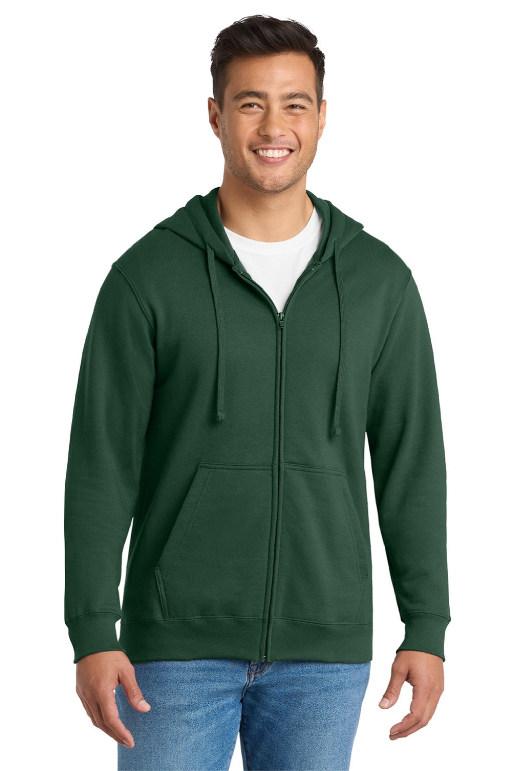 Port & Company PC850ZH Mens Fan Favorite Fleece Full Zip Hooded Sweatshirt Hoodie w/ Pockets Forest Green Model Front