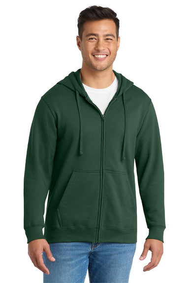 Port & Company PC850ZH Mens Fan Favorite Fleece Full Zip Hooded Sweatshirt Hoodie w/ Pockets Forest Green Model Front