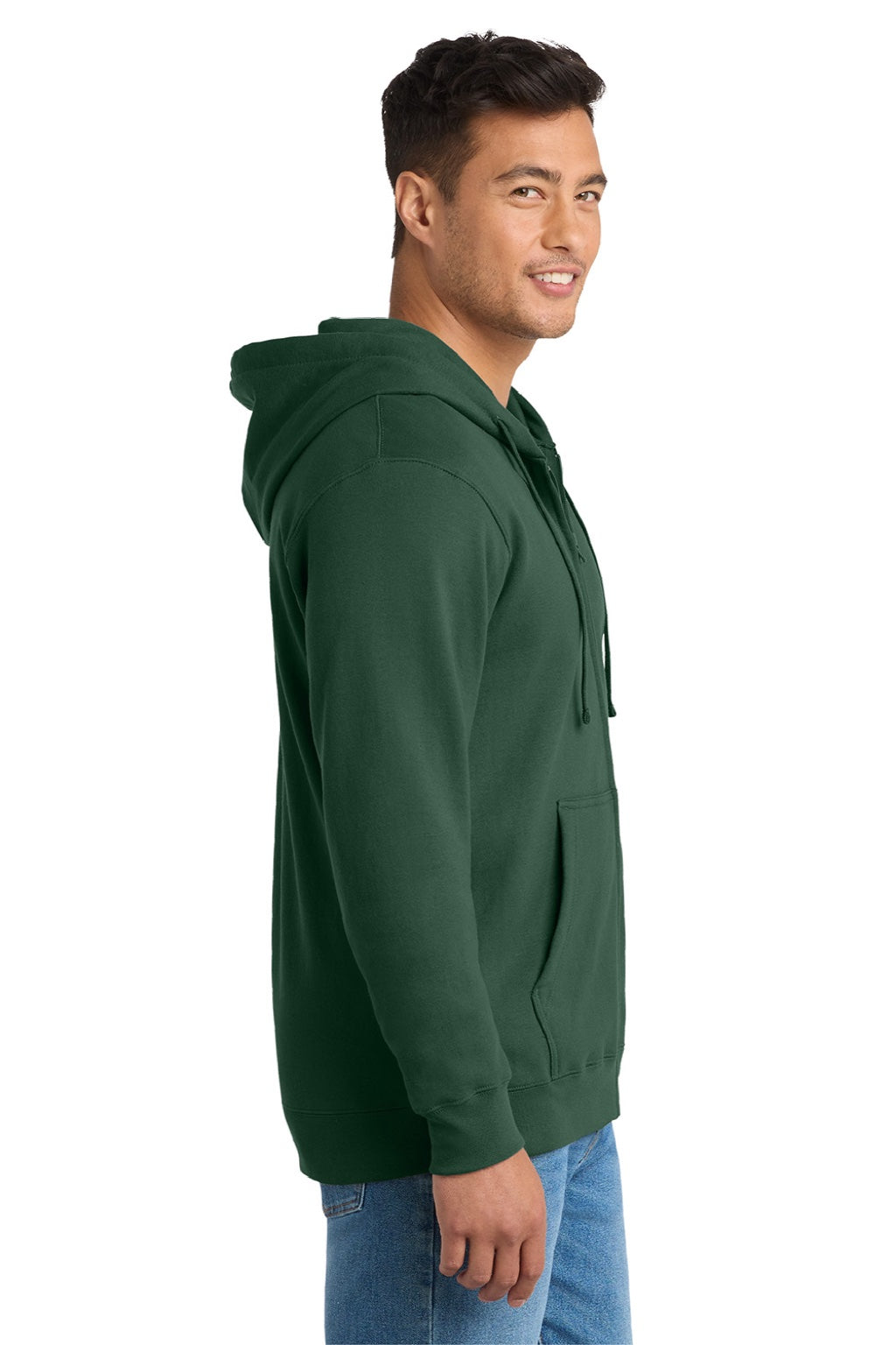 Port & Company PC850ZH Mens Fan Favorite Fleece Full Zip Hooded Sweatshirt Hoodie w/ Pockets Forest Green Model Side