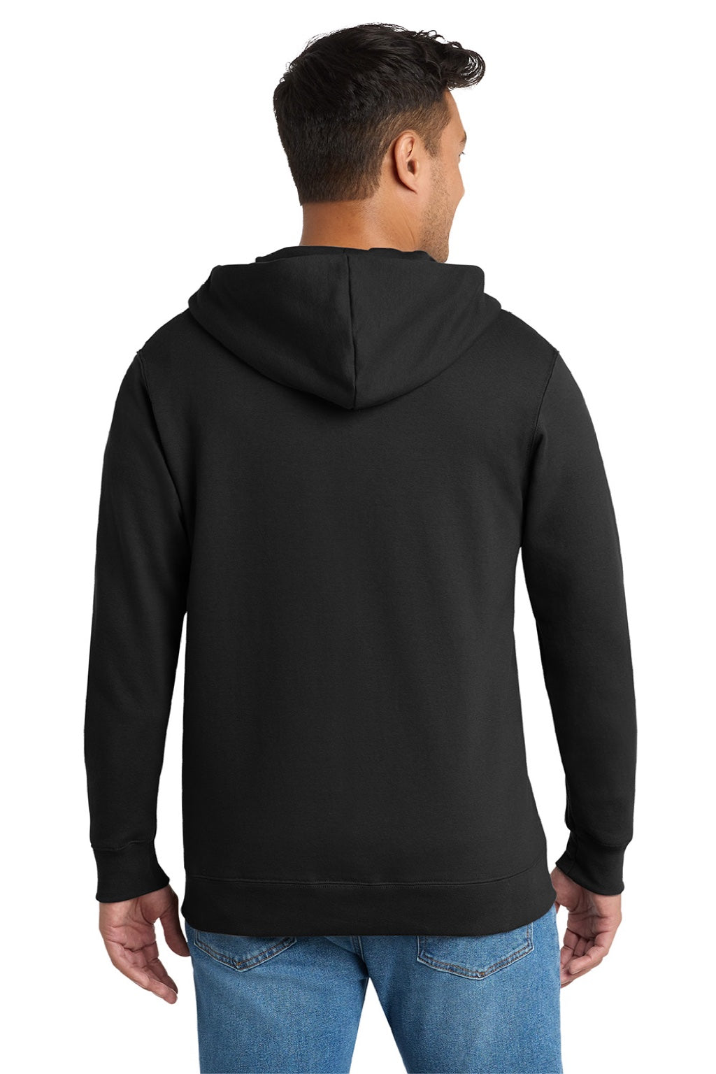 Port & Company PC850ZH Mens Fan Favorite Fleece Full Zip Hooded Sweatshirt Hoodie w/ Pockets Jet Black Model Back