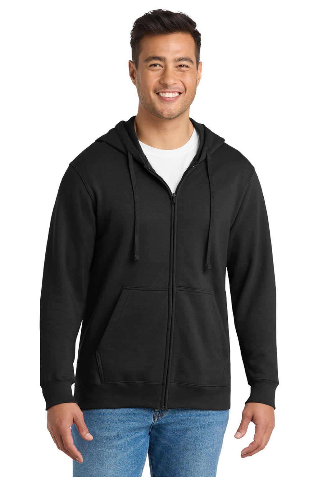 Port & Company PC850ZH Mens Fan Favorite Fleece Full Zip Hooded Sweatshirt Hoodie w/ Pockets Jet Black Model Front