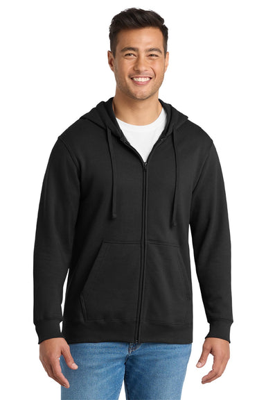 Port & Company PC850ZH Mens Fan Favorite Fleece Full Zip Hooded Sweatshirt Hoodie w/ Pockets Jet Black Model Front