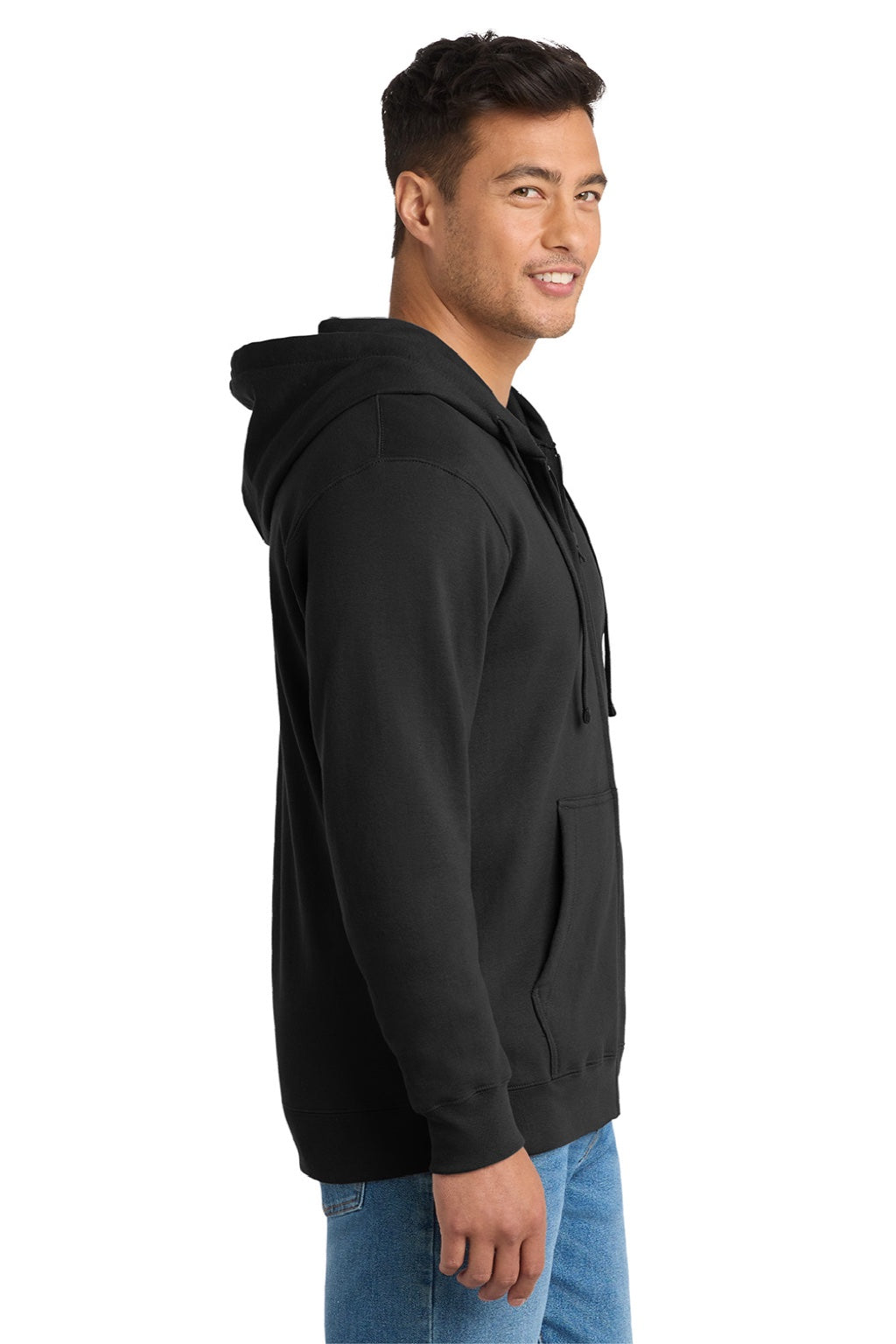 Port & Company PC850ZH Mens Fan Favorite Fleece Full Zip Hooded Sweatshirt Hoodie w/ Pockets Jet Black Model Side