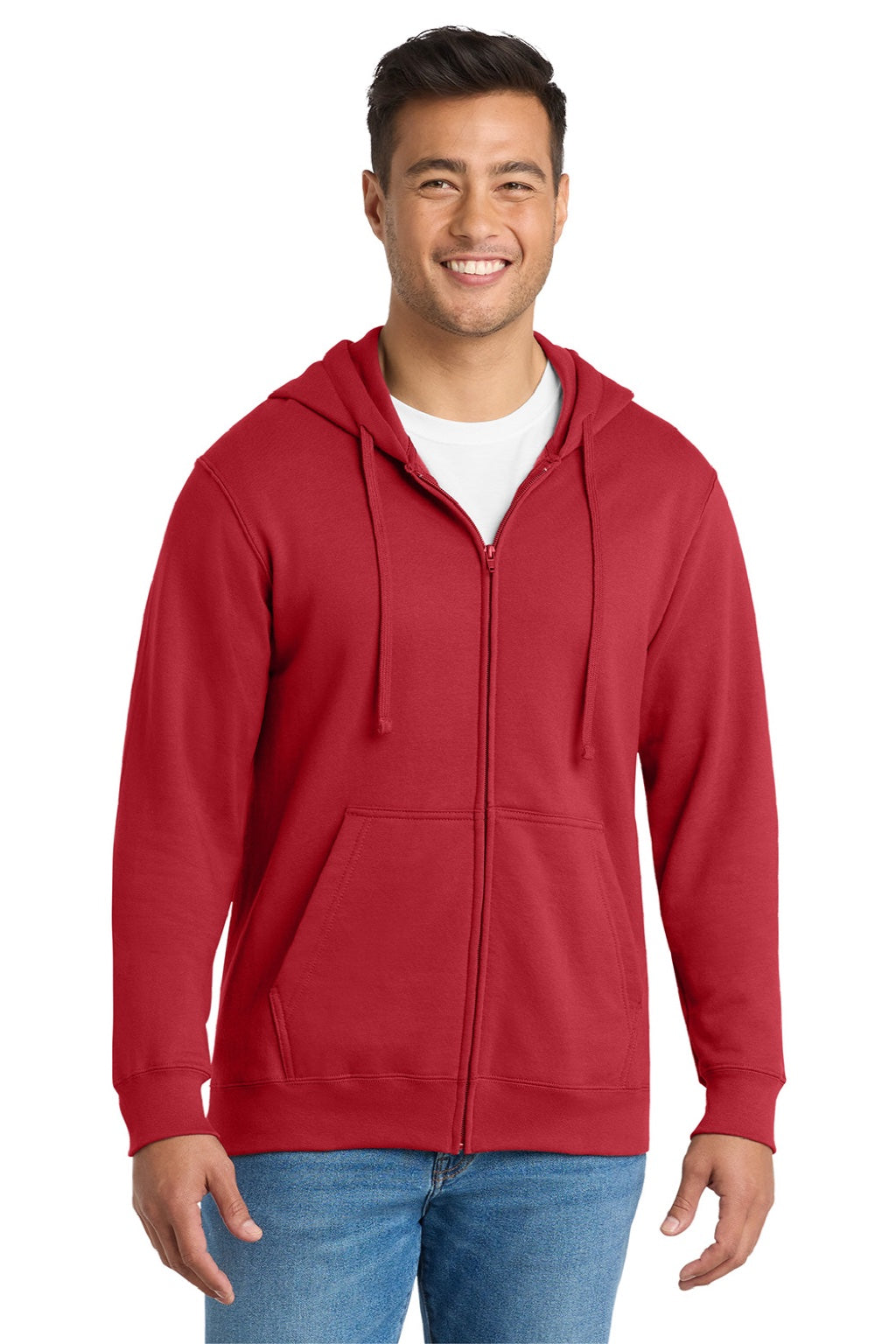Port & Company PC850ZH Mens Fan Favorite Fleece Full Zip Hooded Sweatshirt Hoodie w/ Pockets Team Cardinal Red Model Front