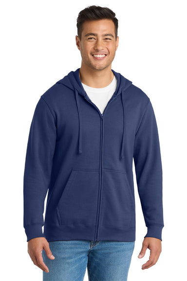 Port & Company PC850ZH Mens Fan Favorite Fleece Full Zip Hooded Sweatshirt Hoodie w/ Pockets Team Navy Blue Model Front