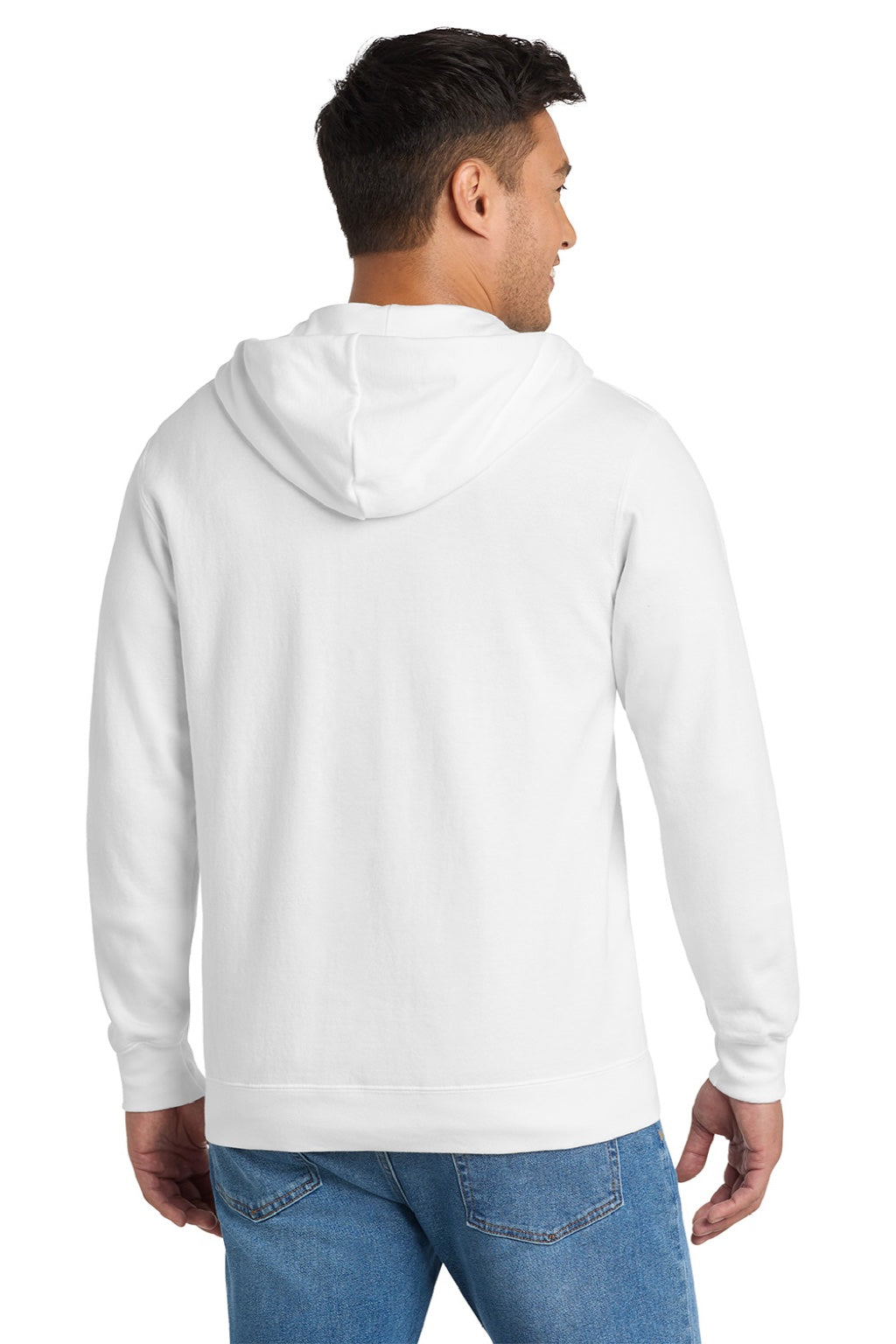 Port & Company PC850ZH Mens Fan Favorite Fleece Full Zip Hooded Sweatshirt Hoodie w/ Pockets White Model Back