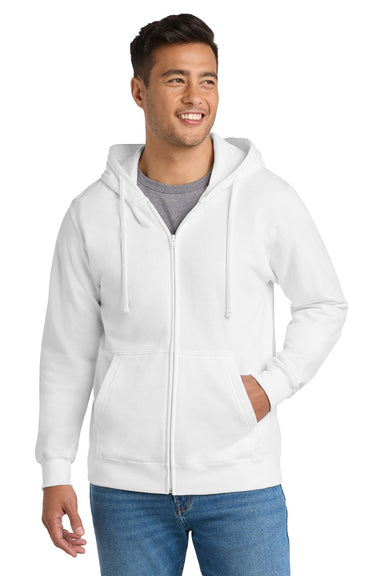 Port & Company PC850ZH Mens Fan Favorite Fleece Full Zip Hooded Sweatshirt Hoodie w/ Pockets White Model Front