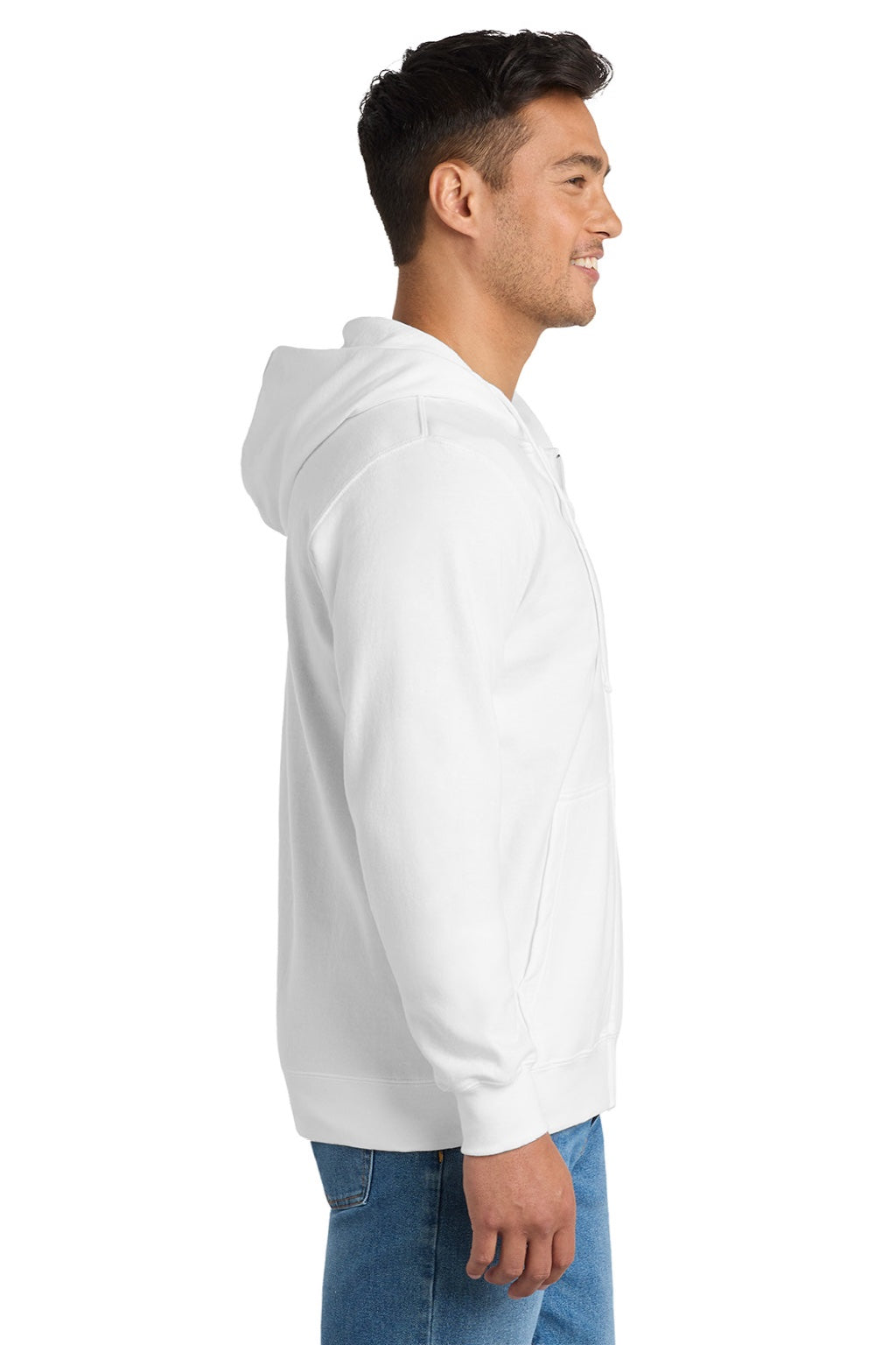 Port & Company PC850ZH Mens Fan Favorite Fleece Full Zip Hooded Sweatshirt Hoodie w/ Pockets White Model Side