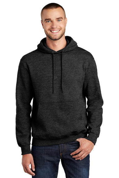 Port & Company PC90H/PC90HT Mens Essential Pill Resistant Fleece Hooded Sweatshirt Hoodie w/ Pouch Pocket Heather Black Model Front