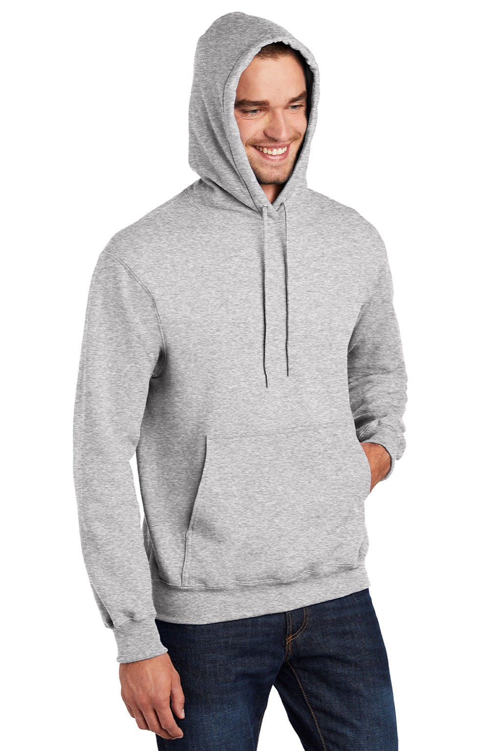 Port & Company PC90H/PC90HT Mens Essential Pill Resistant Fleece Hooded Sweatshirt Hoodie w/ Pouch Pocket Ash Grey Model 3q