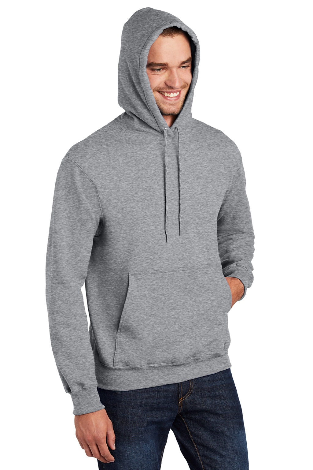 Port & Company PC90H/PC90HT Mens Essential Pill Resistant Fleece Hooded Sweatshirt Hoodie w/ Pouch Pocket Heather Grey Model 3q