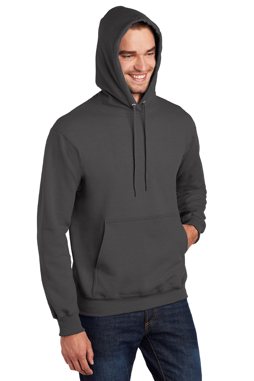 Port & Company PC90H/PC90HT Mens Essential Pill Resistant Fleece Hooded Sweatshirt Hoodie w/ Pouch Pocket Charcoal Grey Model 3q