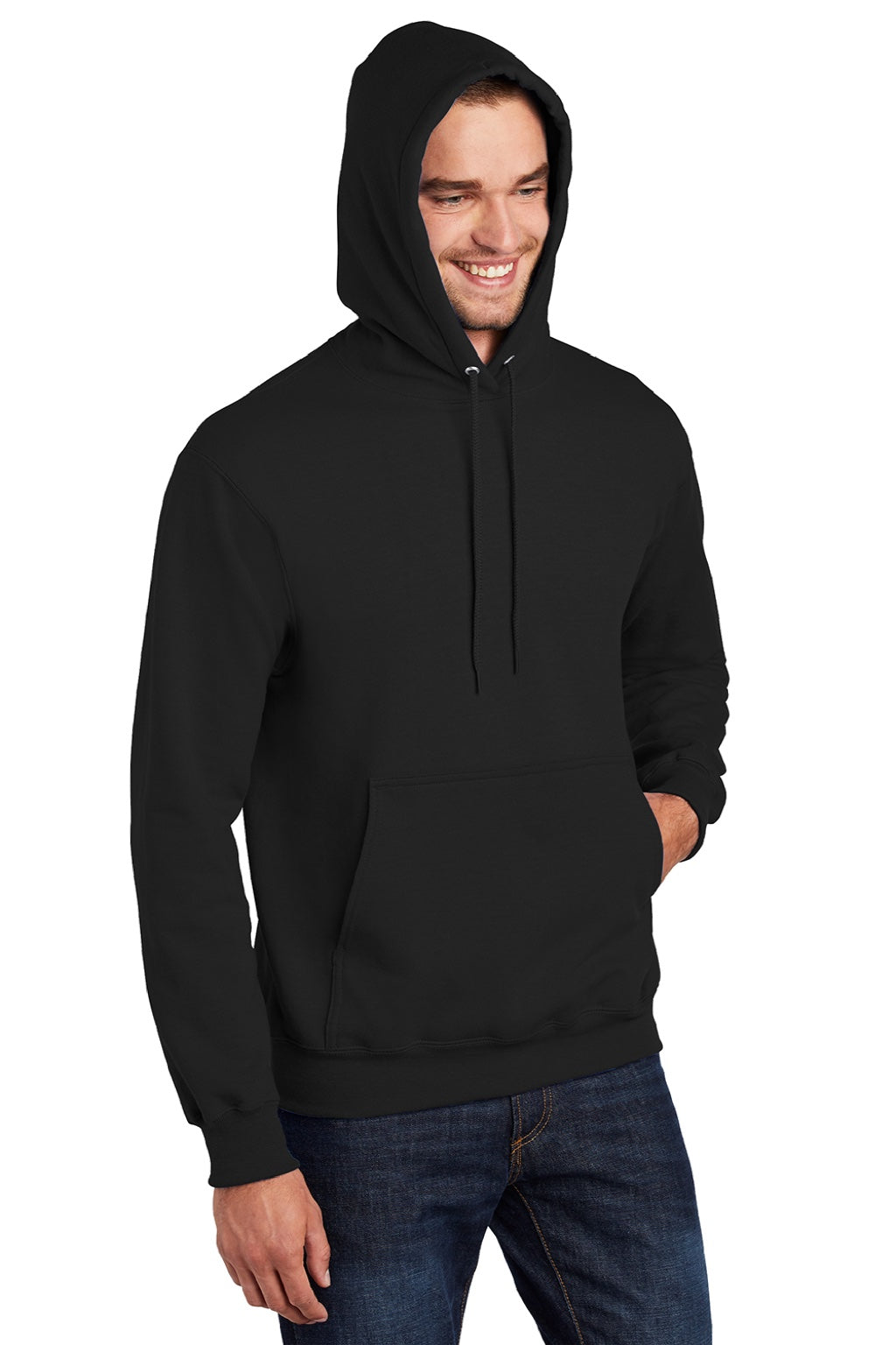 Port & Company PC90H/PC90HT Mens Essential Pill Resistant Fleece Hooded Sweatshirt Hoodie w/ Pouch Pocket Jet Black Model 3q