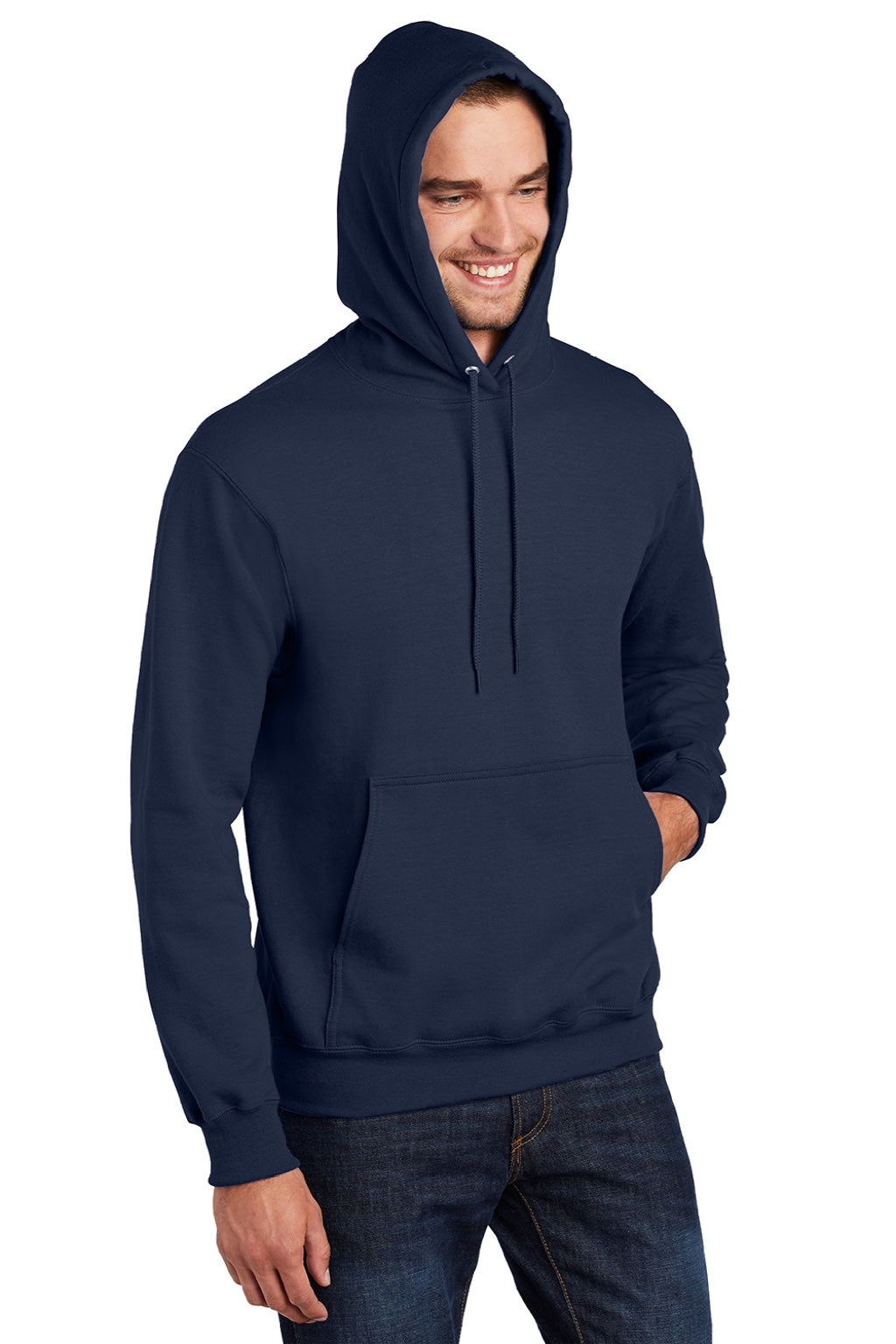 Port & Company PC90H/PC90HT Mens Essential Pill Resistant Fleece Hooded Sweatshirt Hoodie w/ Pouch Pocket Navy Blue Model 3q