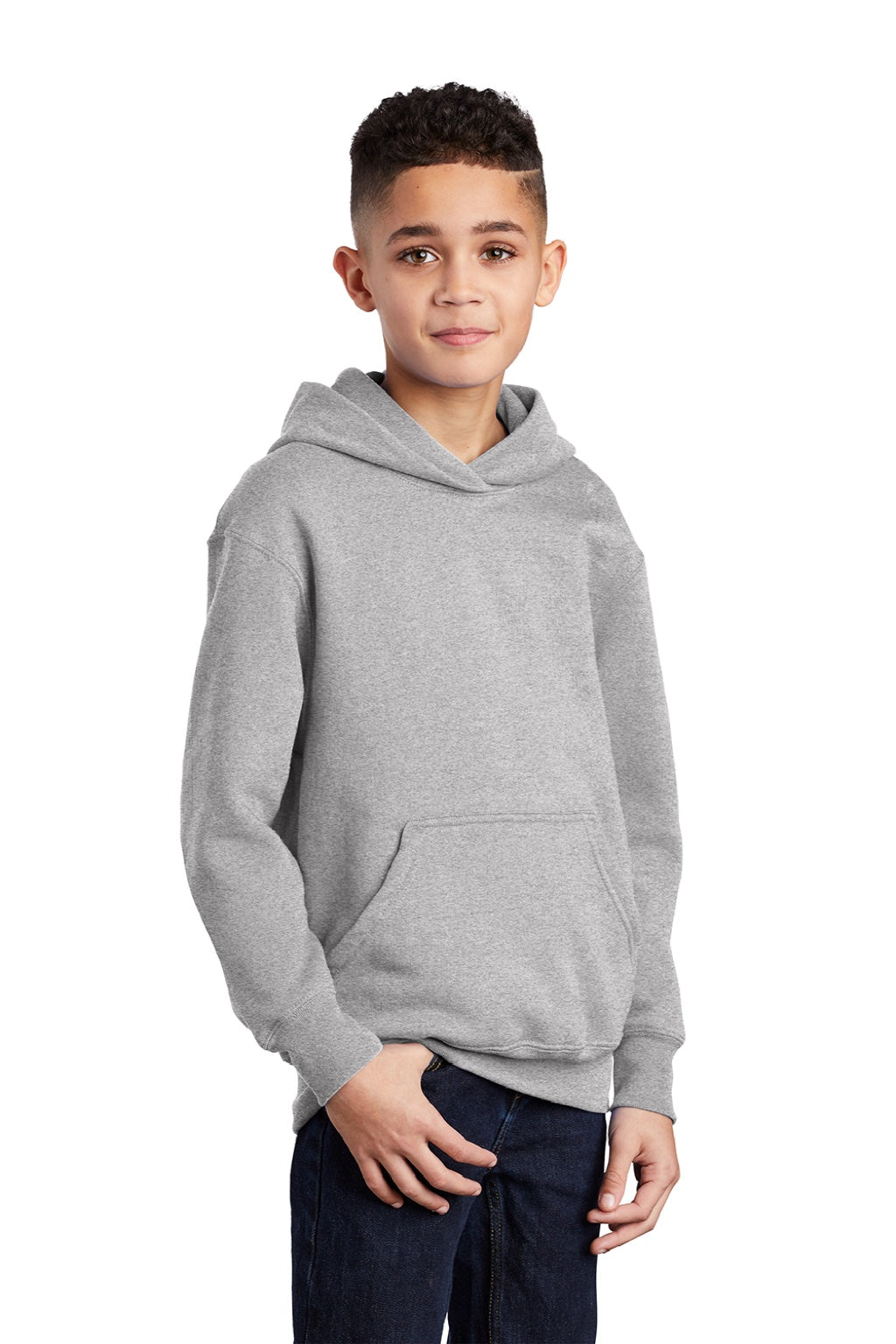 Port & Company PC90YH Youth Core Pill Resistant Fleece Hooded Sweatshirt Hoodie w/ Pouch Pocket Ash Grey Model 3q