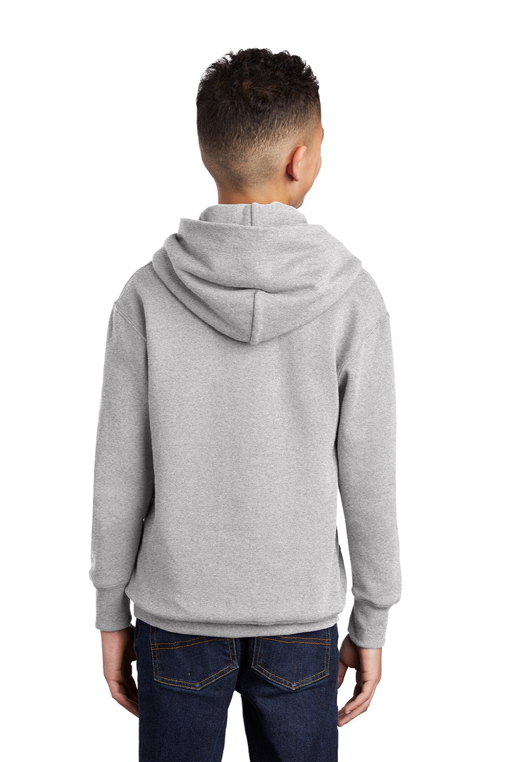 Port & Company PC90YH Youth Core Pill Resistant Fleece Hooded Sweatshirt Hoodie w/ Pouch Pocket Ash Grey Model Back
