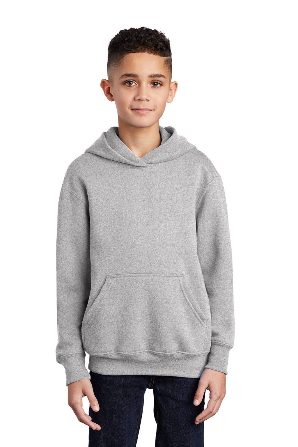 Port & Company PC90YH Youth Core Pill Resistant Fleece Hooded Sweatshirt Hoodie w/ Pouch Pocket Ash Grey Model Front