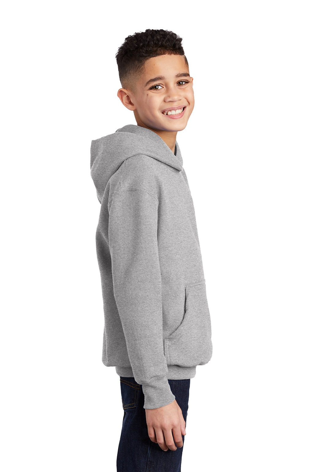 Port & Company PC90YH Youth Core Pill Resistant Fleece Hooded Sweatshirt Hoodie w/ Pouch Pocket Ash Grey Model Side