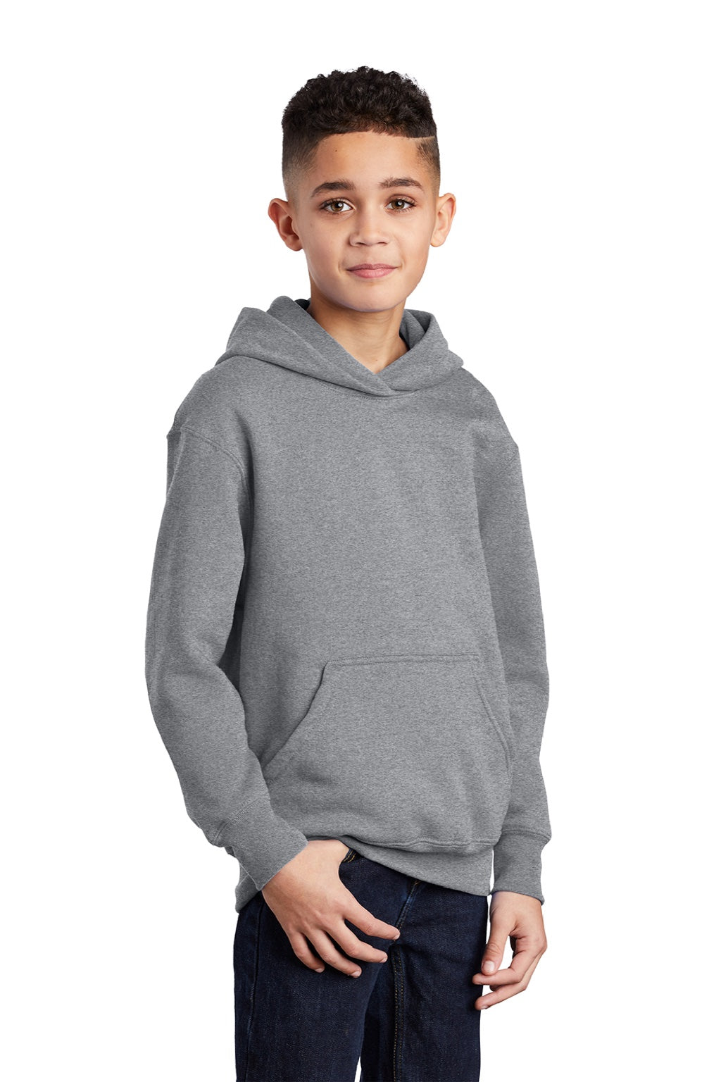 Port & Company PC90YH Youth Core Pill Resistant Fleece Hooded Sweatshirt Hoodie w/ Pouch Pocket Heather Grey Model 3q