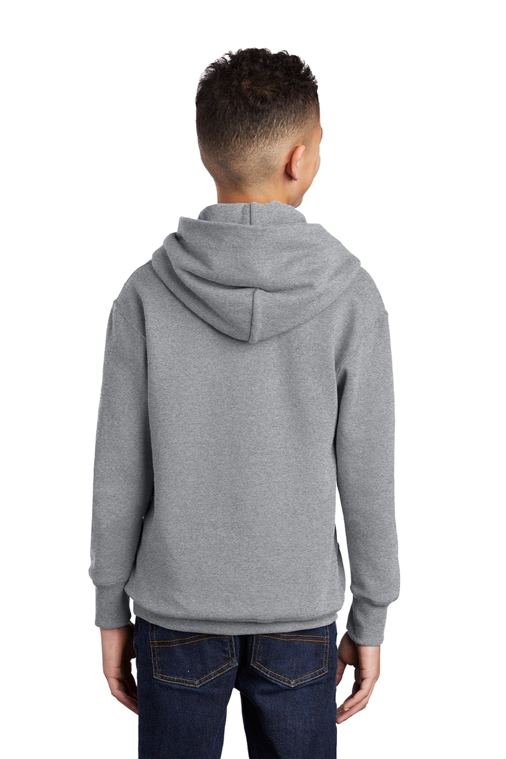 Port & Company PC90YH Youth Core Pill Resistant Fleece Hooded Sweatshirt Hoodie w/ Pouch Pocket Heather Grey Model Back