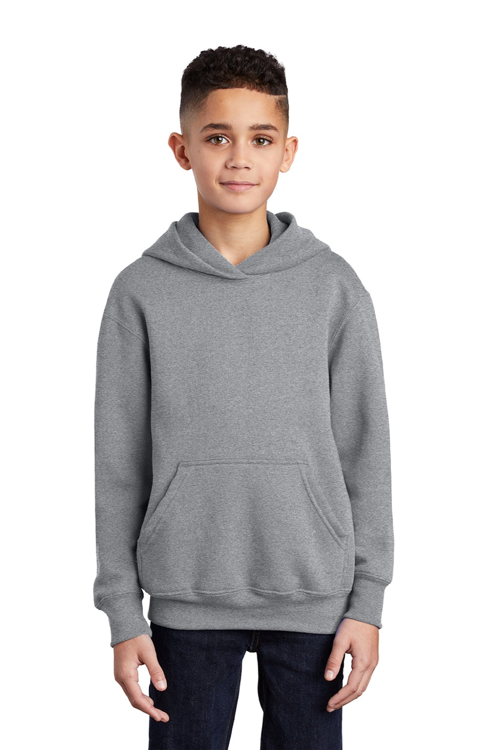Port & Company PC90YH Youth Core Pill Resistant Fleece Hooded Sweatshirt Hoodie w/ Pouch Pocket Heather Grey Model Front