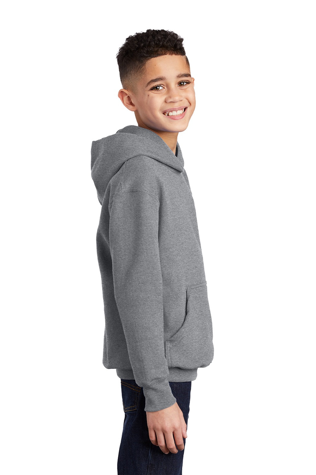 Port & Company PC90YH Youth Core Pill Resistant Fleece Hooded Sweatshirt Hoodie w/ Pouch Pocket Heather Grey Model Side