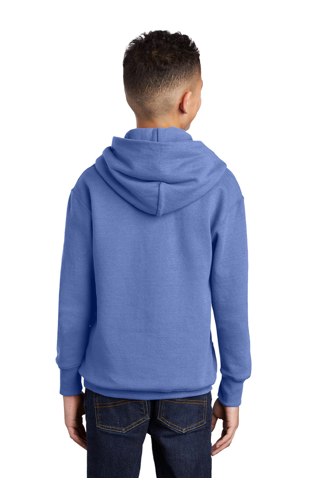 Port & Company PC90YH Youth Core Pill Resistant Fleece Hooded Sweatshirt Hoodie w/ Pouch Pocket Carolina Blue Model Back