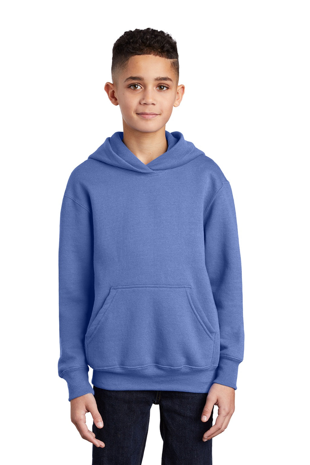 Port & Company PC90YH Youth Core Pill Resistant Fleece Hooded Sweatshirt Hoodie w/ Pouch Pocket Carolina Blue Model Front