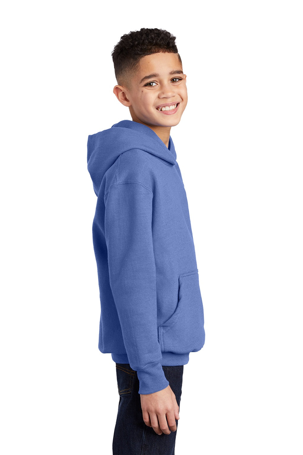 Port & Company PC90YH Youth Core Pill Resistant Fleece Hooded Sweatshirt Hoodie w/ Pouch Pocket Carolina Blue Model Side