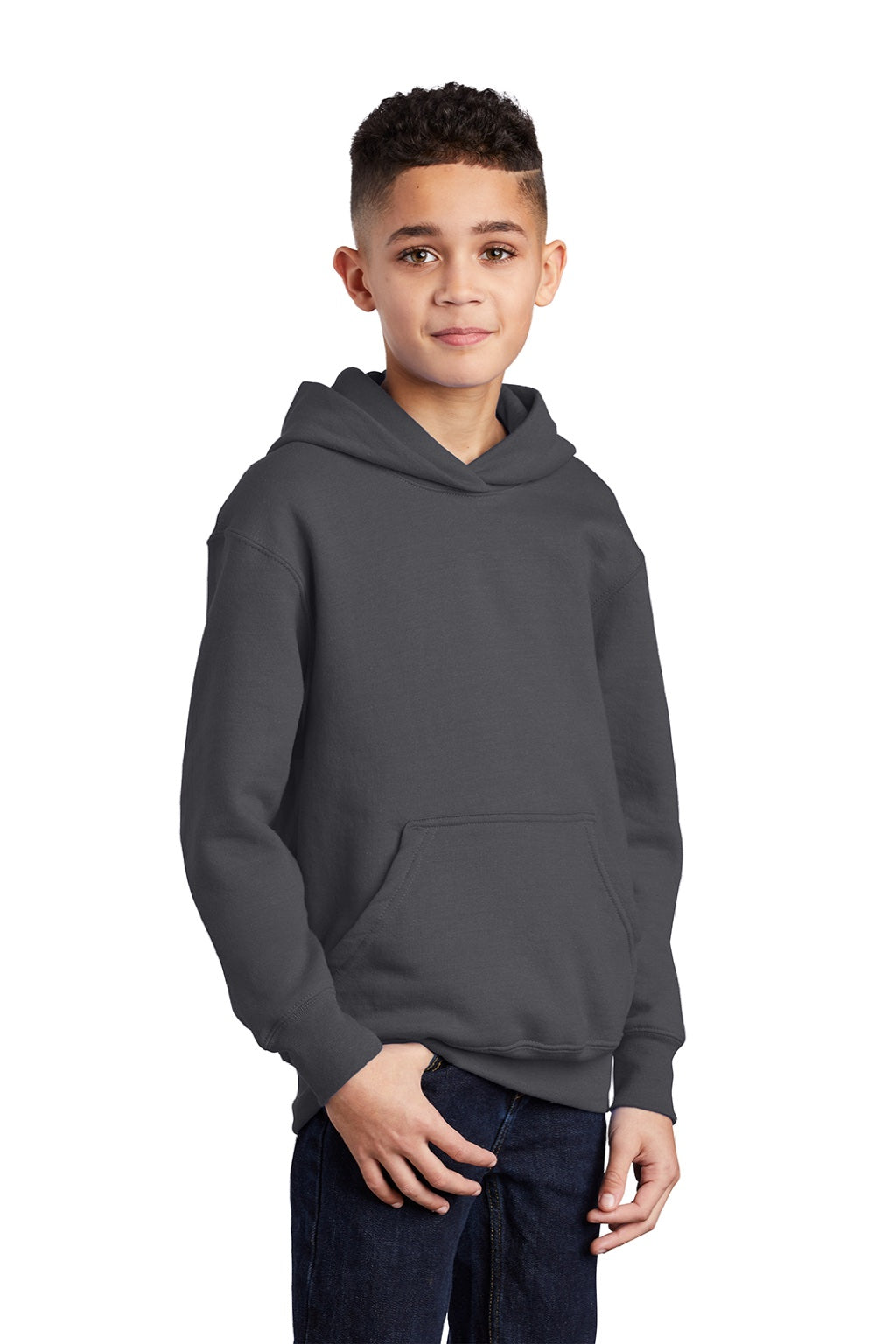 Port & Company PC90YH Youth Core Pill Resistant Fleece Hooded Sweatshirt Hoodie w/ Pouch Pocket Charcoal Grey Model 3q