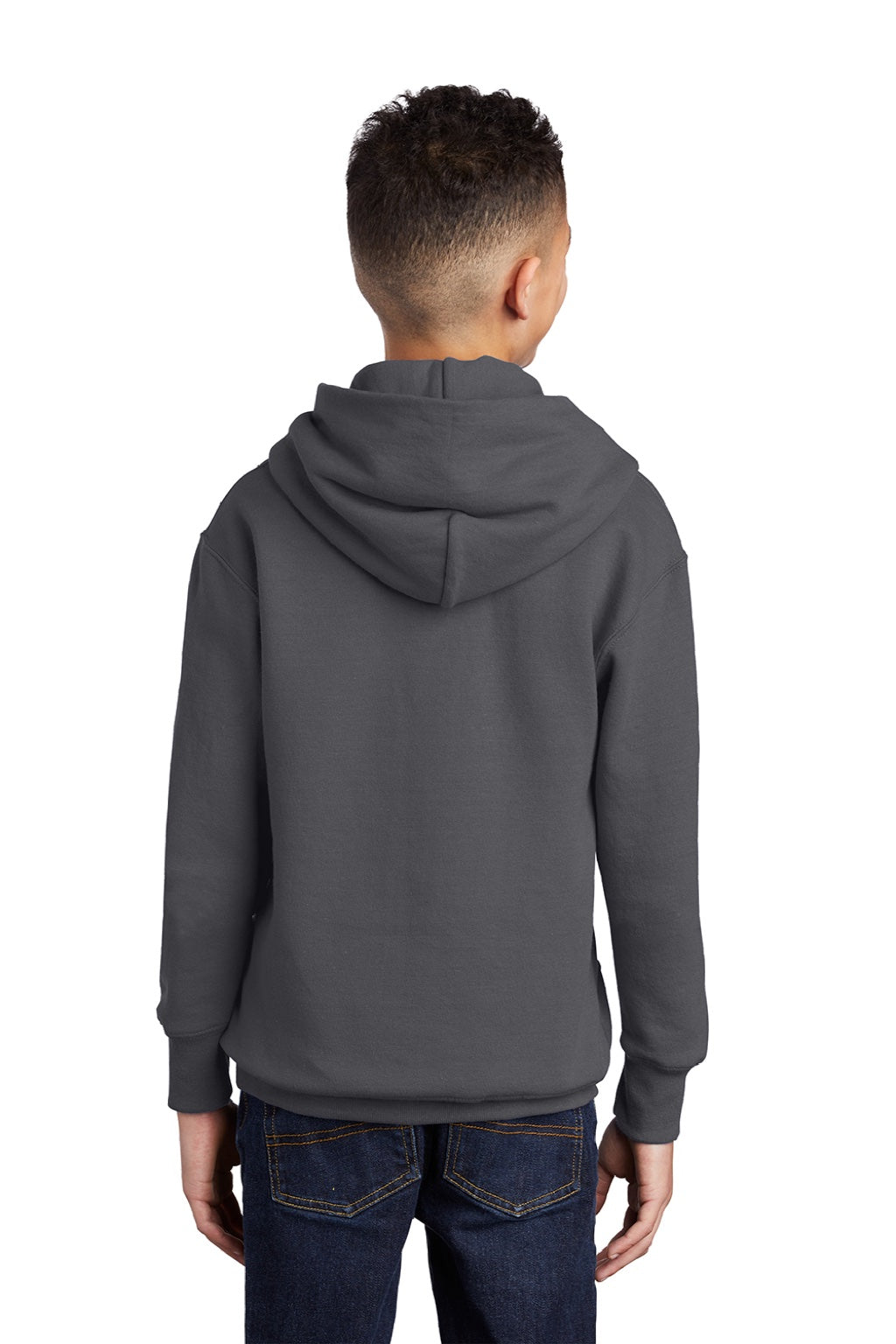 Port & Company PC90YH Youth Core Pill Resistant Fleece Hooded Sweatshirt Hoodie w/ Pouch Pocket Charcoal Grey Model Back