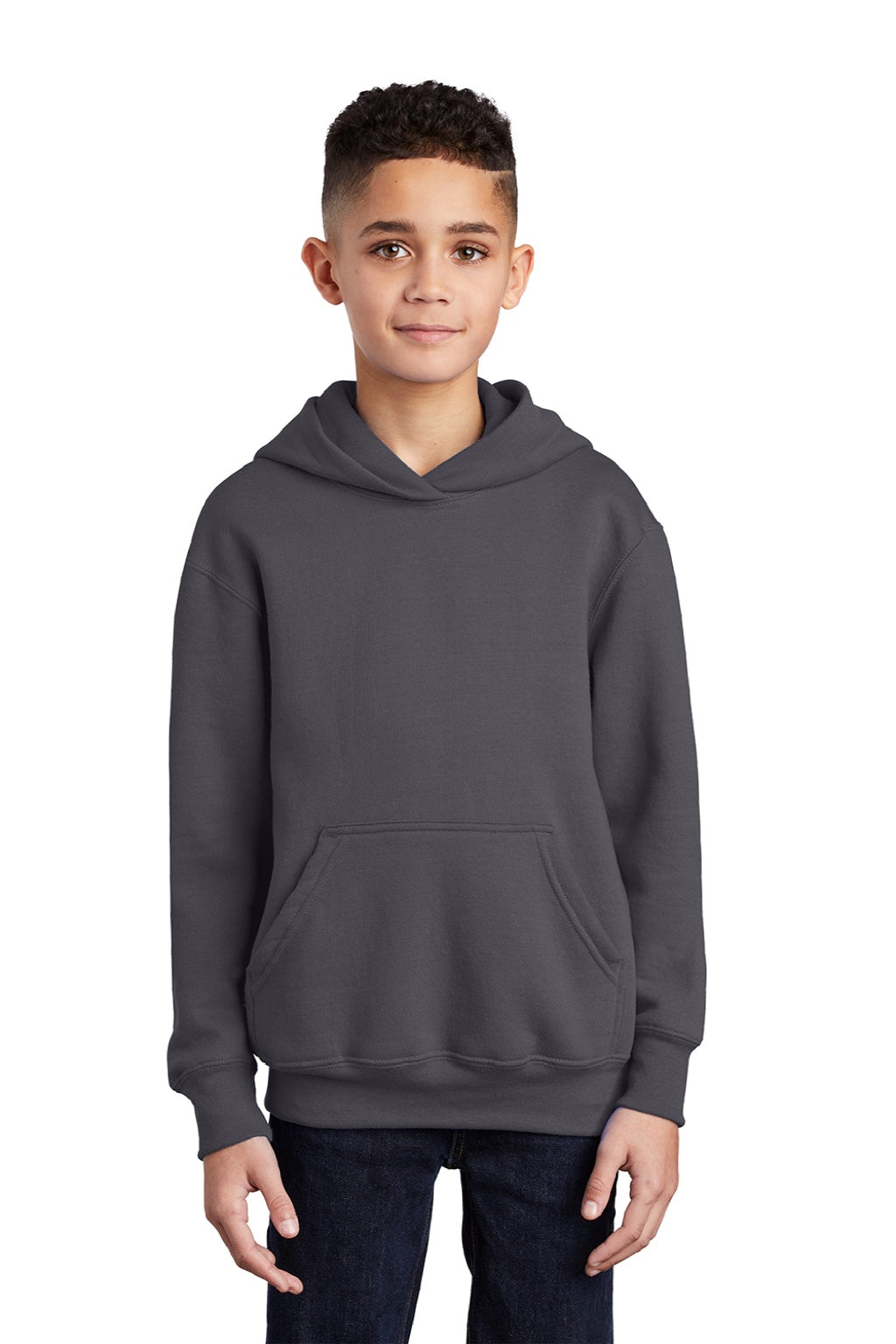 Port & Company PC90YH Youth Core Pill Resistant Fleece Hooded Sweatshirt Hoodie w/ Pouch Pocket Charcoal Grey Model Front