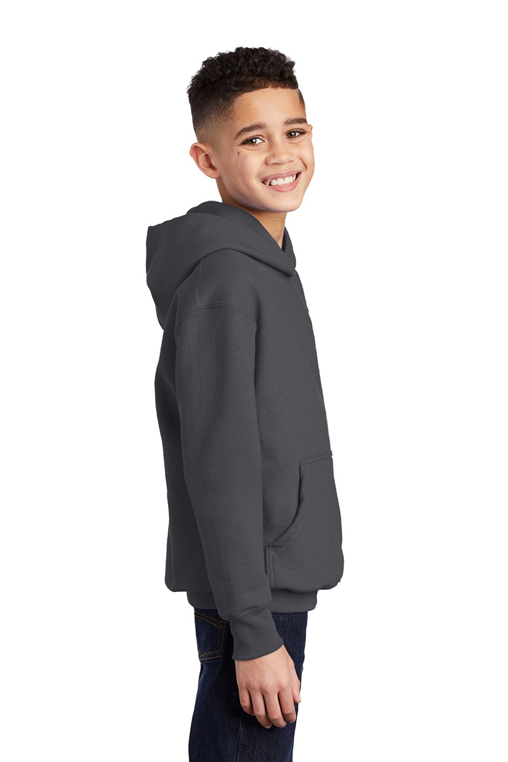 Port & Company PC90YH Youth Core Pill Resistant Fleece Hooded Sweatshirt Hoodie w/ Pouch Pocket Charcoal Grey Model Side