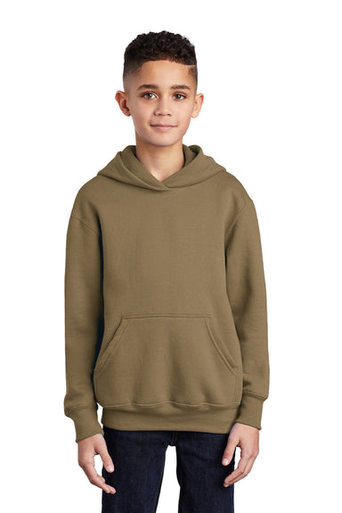 Port & Company PC90YH Youth Core Pill Resistant Fleece Hooded Sweatshirt Hoodie w/ Pouch Pocket Coyote Brown Model Front