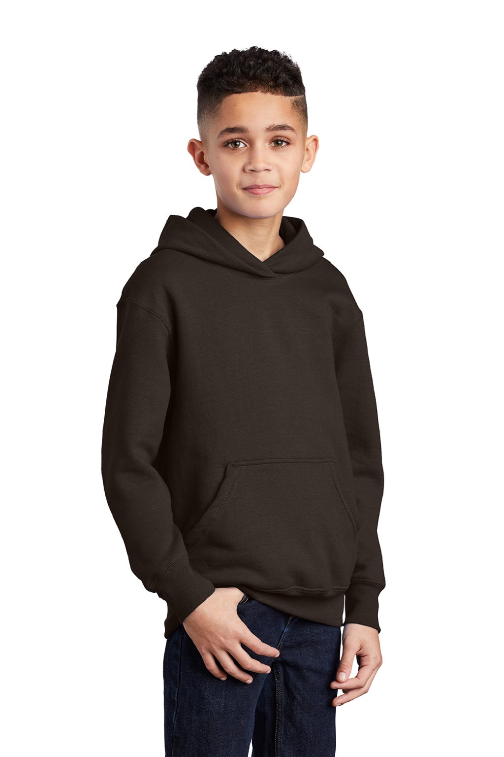 Port & Company PC90YH Youth Core Pill Resistant Fleece Hooded Sweatshirt Hoodie w/ Pouch Pocket Dark Chocolate Brown Model 3q
