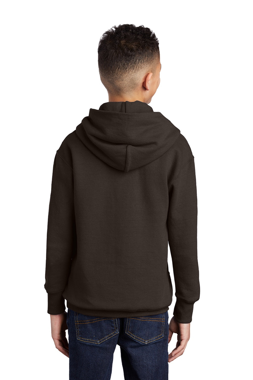 Port & Company PC90YH Youth Core Pill Resistant Fleece Hooded Sweatshirt Hoodie w/ Pouch Pocket Dark Chocolate Brown Model Back