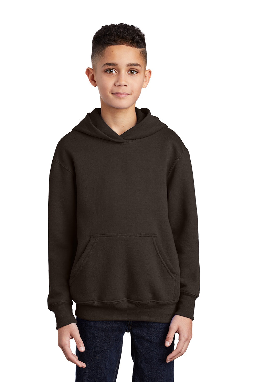 Port & Company PC90YH Youth Core Pill Resistant Fleece Hooded Sweatshirt Hoodie w/ Pouch Pocket Dark Chocolate Brown Model Front