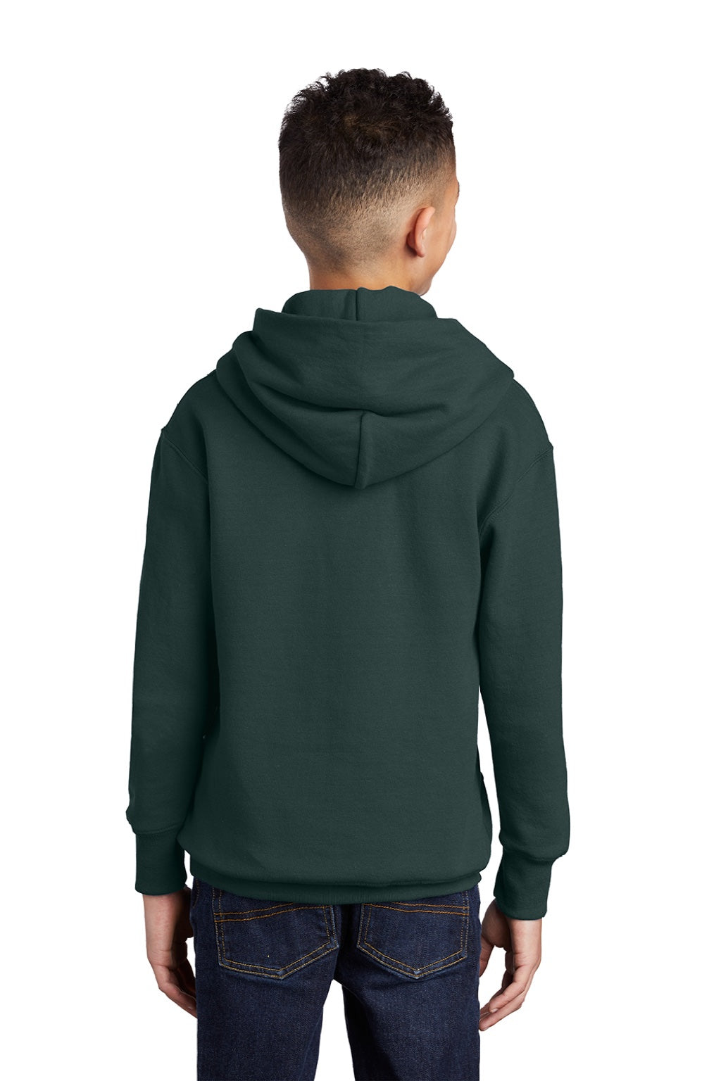 Port & Company PC90YH Youth Core Pill Resistant Fleece Hooded Sweatshirt Hoodie w/ Pouch Pocket Dark Green Model Back