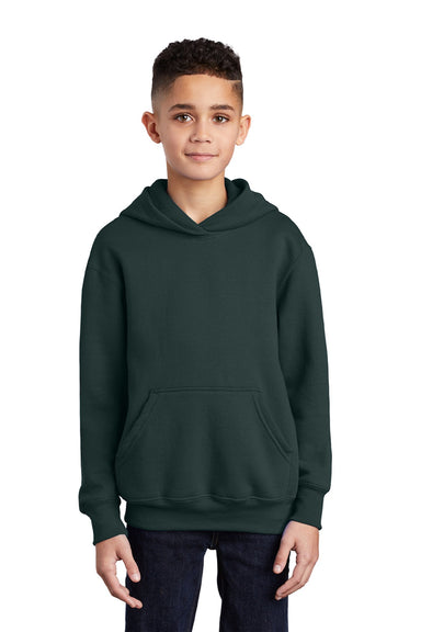 Port & Company PC90YH Youth Core Pill Resistant Fleece Hooded Sweatshirt Hoodie w/ Pouch Pocket Dark Green Model Front