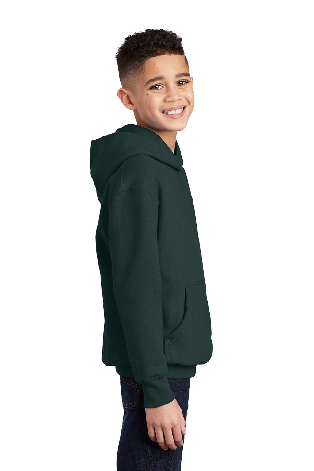 Port & Company PC90YH Youth Core Pill Resistant Fleece Hooded Sweatshirt Hoodie w/ Pouch Pocket Dark Green Model Side