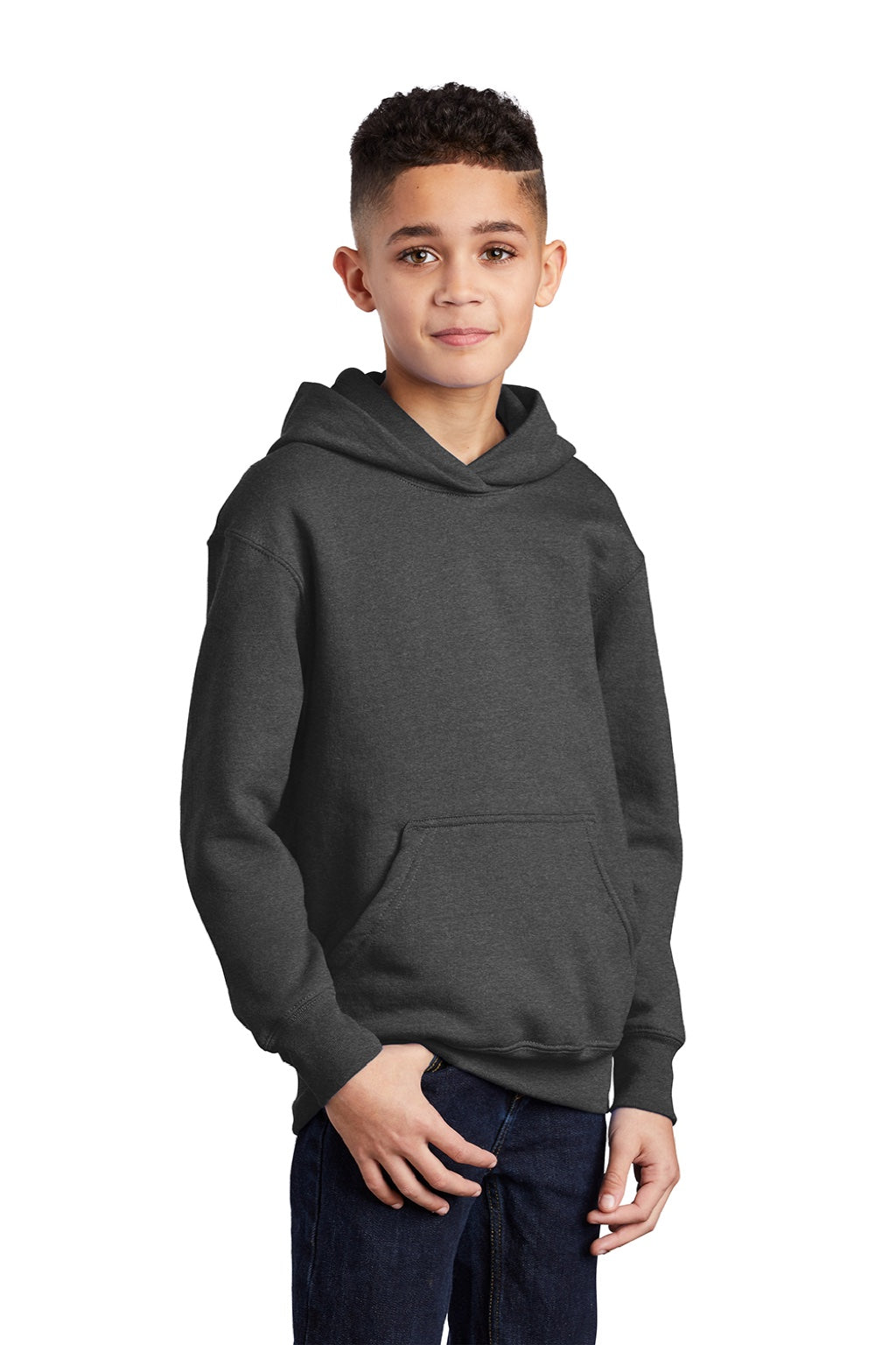 Port & Company PC90YH Youth Core Pill Resistant Fleece Hooded Sweatshirt Hoodie w/ Pouch Pocket Heather Dark Grey Model 3q