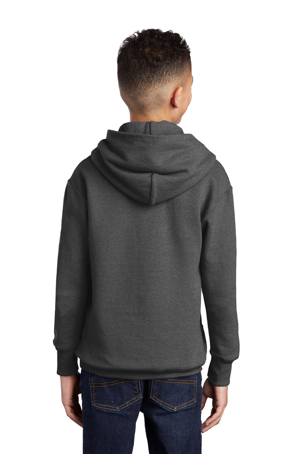 Port & Company PC90YH Youth Core Pill Resistant Fleece Hooded Sweatshirt Hoodie w/ Pouch Pocket Heather Dark Grey Model Back