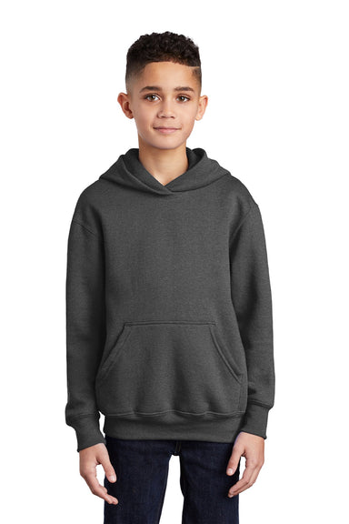 Port & Company PC90YH Youth Core Pill Resistant Fleece Hooded Sweatshirt Hoodie w/ Pouch Pocket Heather Dark Grey Model Front