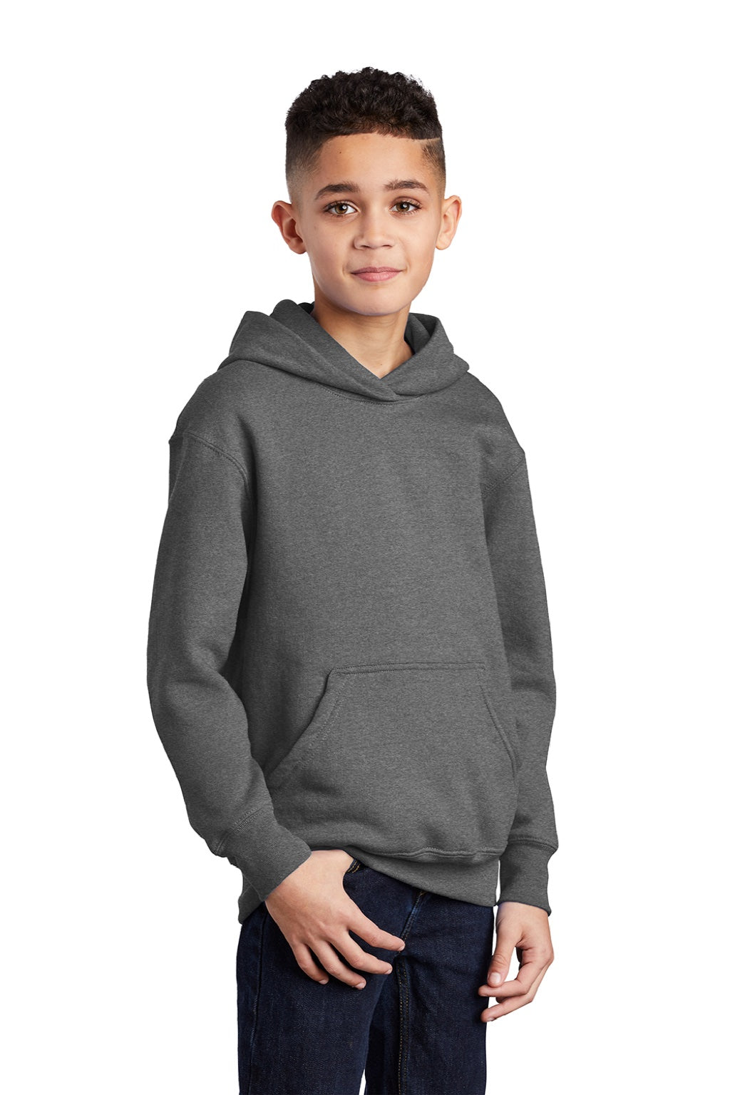 Port & Company PC90YH Youth Core Pill Resistant Fleece Hooded Sweatshirt Hoodie w/ Pouch Pocket Heather Graphite Grey Model 3q