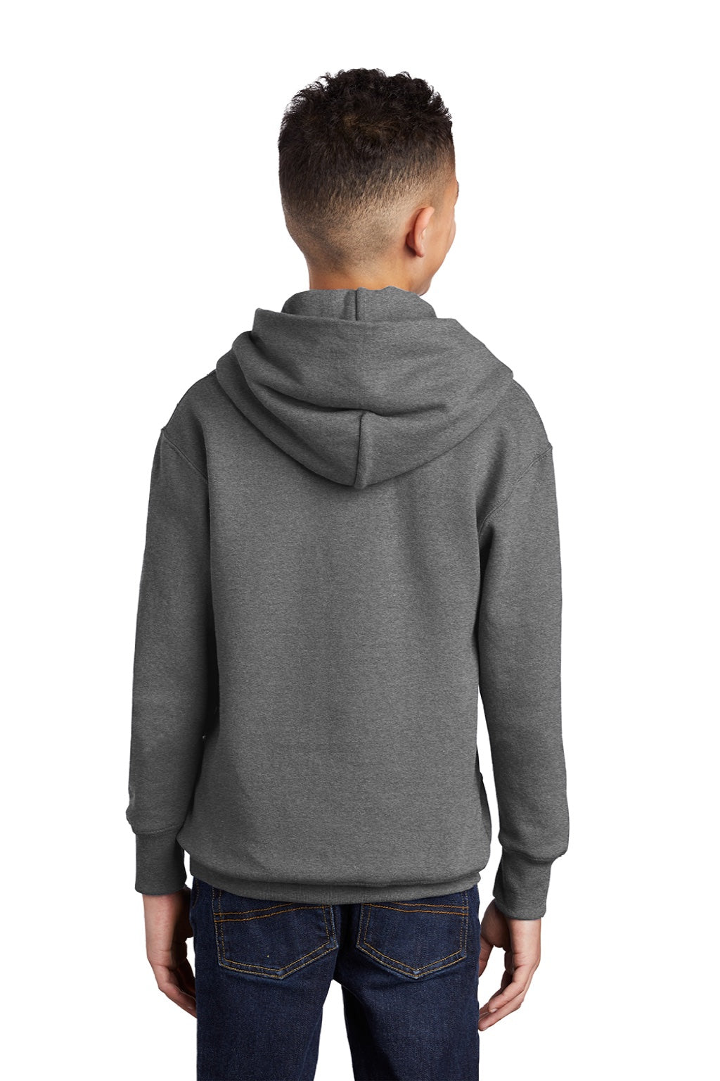 Port & Company PC90YH Youth Core Pill Resistant Fleece Hooded Sweatshirt Hoodie w/ Pouch Pocket Heather Graphite Grey Model Back