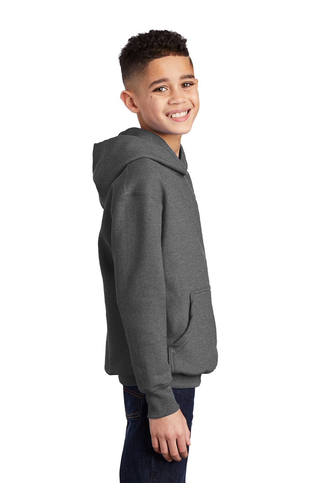 Port & Company PC90YH Youth Core Pill Resistant Fleece Hooded Sweatshirt Hoodie w/ Pouch Pocket Heather Graphite Grey Model Side