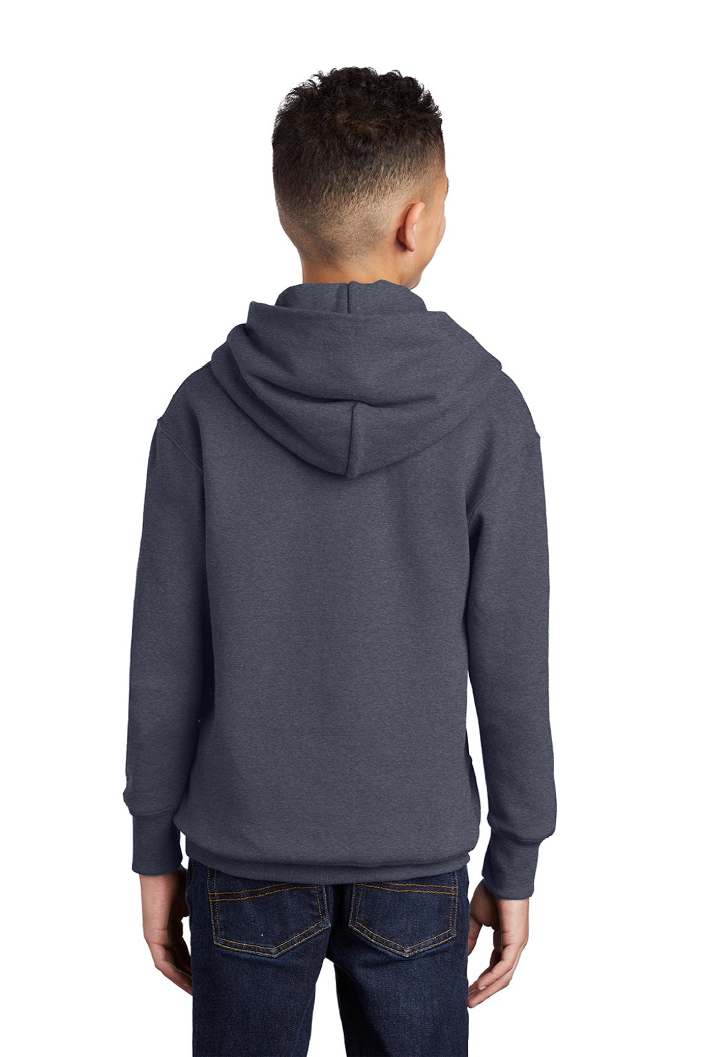Port & Company PC90YH Youth Core Pill Resistant Fleece Hooded Sweatshirt Hoodie w/ Pouch Pocket Heather Navy Blue Model Back